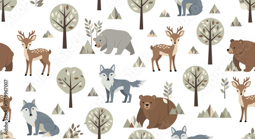 Woodland theme seamless pattern depicts various wild animals like deer, bears, and wolves roaming through a forest of stylized pine trees.