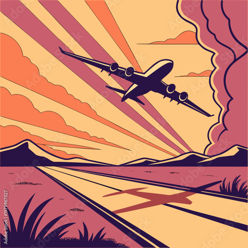 Airplane flying over a runway at sunset