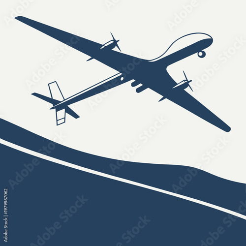 A large airplane flying over a hill