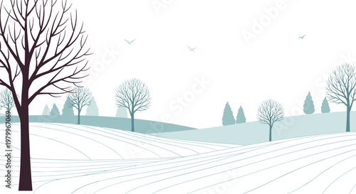 Peaceful winter landscape illustration displays snow-covered hills with bare trees and distant evergreen forests under a clear white sky.