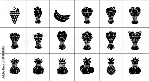 Collection of black fruit icons including grapes bananas pineapples and other tropical fruits