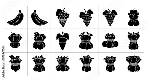 Collection of black fruit icons including bananas grapes apples and pears on white background for design and decoration