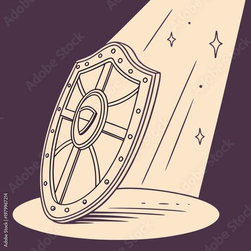 A shield is under a spotlight with stars