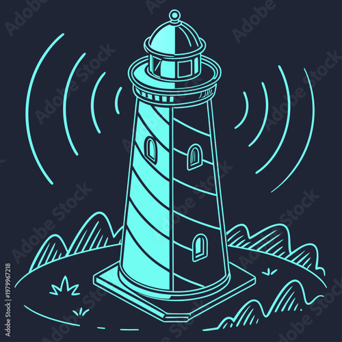 A blue lighthouse on a rocky coastline emitting signal waves