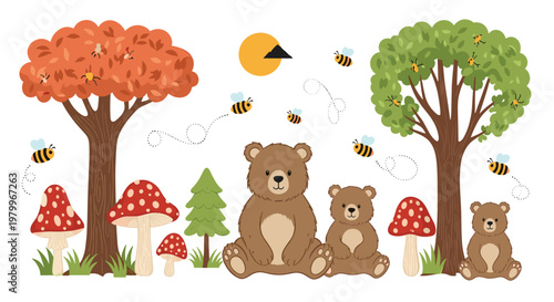 Whimsical forest scene features three cute brown bears sitting among colorful autumn trees, red mushrooms, and a swarm of honey bees.