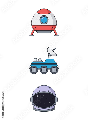 Space Exploration Equipment Set Featuring Lunar Lander, Mars Rover and Astronaut Helmet Icons for Science Discovery and Astronomy Research Projects