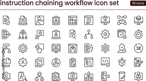 Instruction chaining workflow outline icon set with automation process integration configuration management symbols for dashboards apps presentations web interface systems