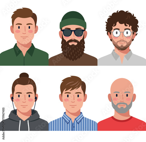 Male Avatars Collection with Different Hairstyles and Accessories Including Beards, Glasses, Beanies and Headphones for Social Media Profiles