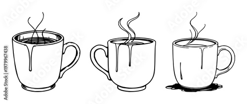 Drinkware set with a hand-drawn line art style featuring a steaming ceramic mug, ink drips, and a white background with a simple and minimalist design