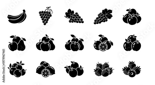 Collection of fruit icons including bananas grapes apples and berries in black silhouette on white background for design and illustration