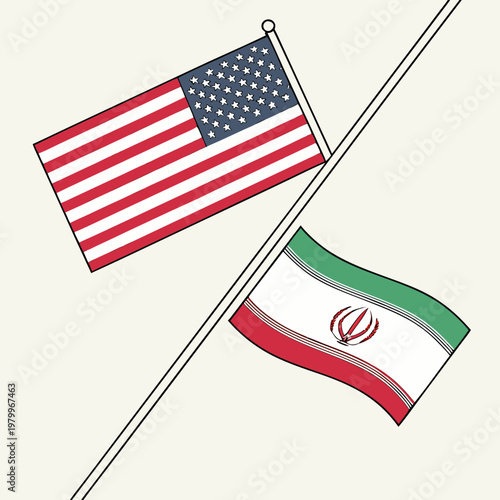 Flags of usa and iran on poles side by side
