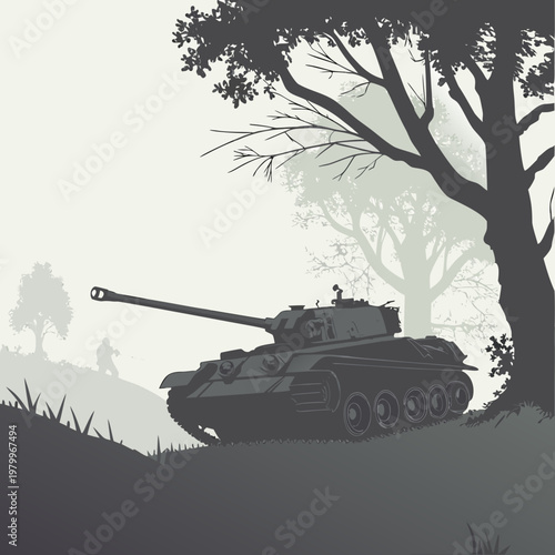 A tank is positioned on a hill near a tree