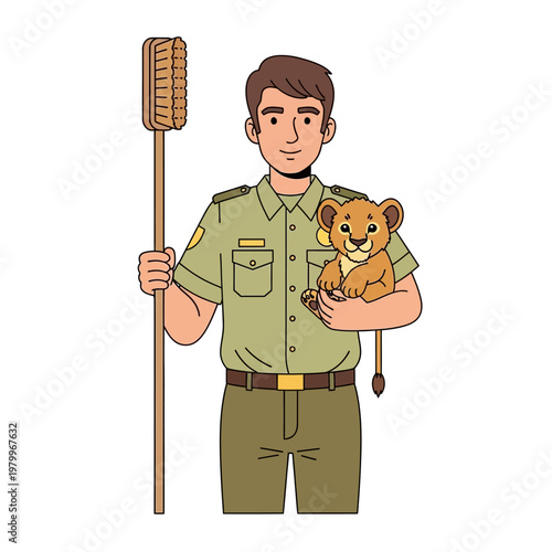 Zoo Keeper Holding Cute Lion Cub with Brush, Cartoon Style