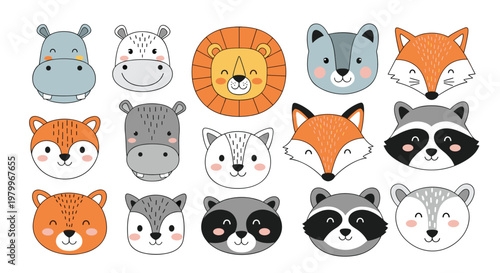 Extensive collection of cute animal face illustrations features a variety of species like lions, foxes, and hippos in a simple style.