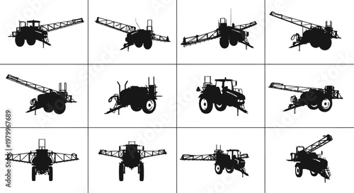 Collection of 12 black silhouette icons of various cranes and tractors in different positions on white background for industrial and construction concepts
