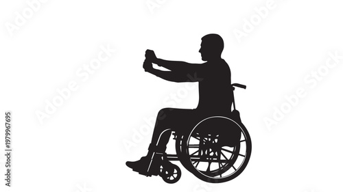 Silhouette of disabled person in wheelchair taking selfie