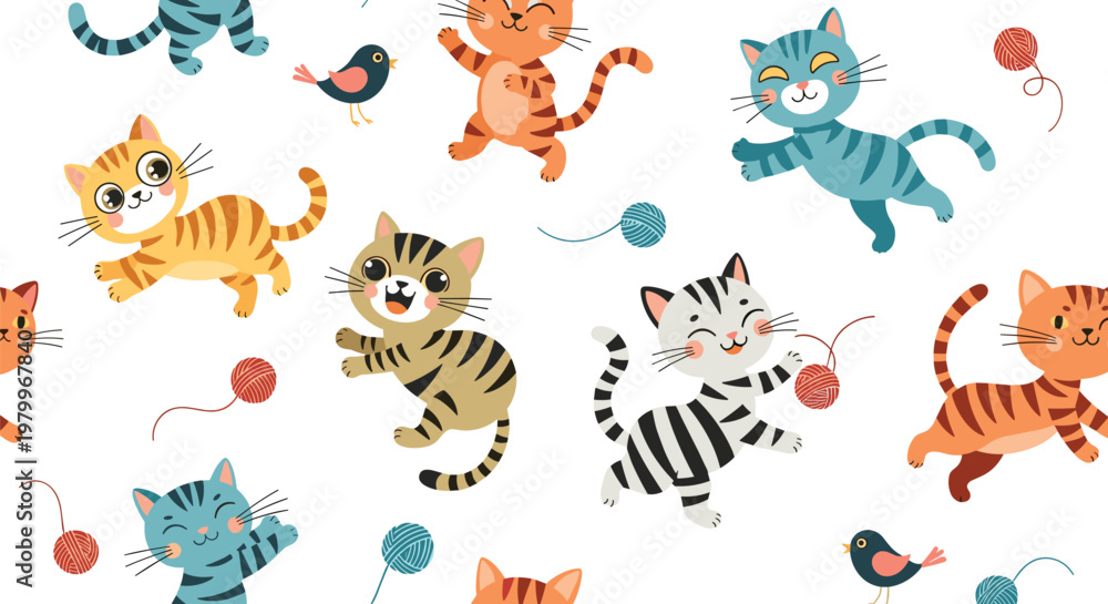 Obraz premium Colorful seamless pattern showing playful cartoon kittens jumping and chasing balls of yarn on a clean white background for kids.