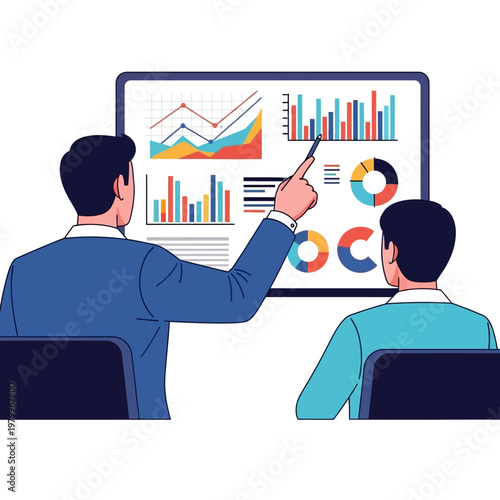 Business meeting: analyst points to financial charts on screen, discussing data with colleague