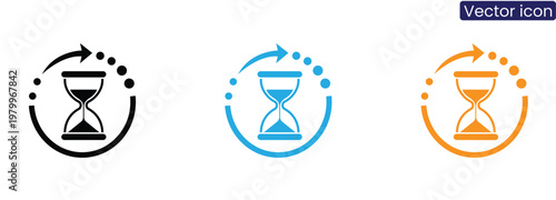 Hourglass icons in black, Blue, And orange on white background Vector icons of hourglasses with arrows on white background