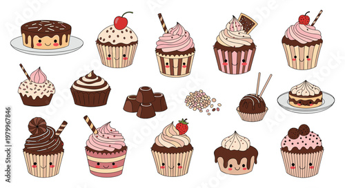 Delicious set of kawaii style cupcakes and chocolate treats decorated with cream, berries, and sprinkles on a white background.