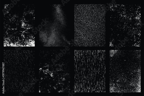 High contrast black and white grunge textures featuring organic wrinkles and wood grain.