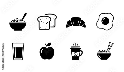 Minimal black breakfast food icon set with cereal toast egg croissant juice apple coffee and noodles in grid
