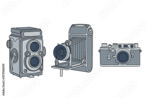 Vintage Retro Camera Collection with Twin Lens Reflex Folding Bellows and Rangefinder Style Cameras Vector Line Art Illustration for Photography