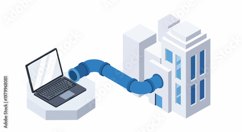 Isometric 3D Illustration of a Laptop Connected to an Office Building via a Pipeline Representing Data Flow, Connectivity, and Digital Transformation.