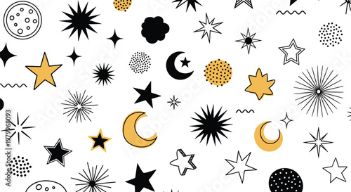 Whimsical celestial pattern featuring various hand drawn stars, crescent moons, and abstract dots in black and gold on white.