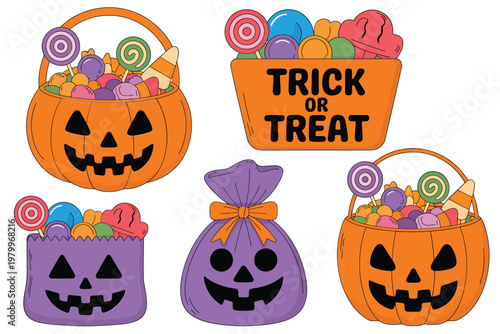 Colorful halloween candy overflowing from decorated pumpkin and treat baskets
