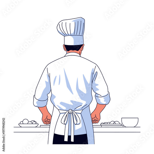 Chef in uniform preparing food in a kitchen, back view illustration