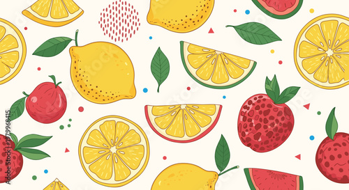 Vibrant seamless pattern with whole lemons, strawberries, watermelons, and fruit slices with colorful dots on a beige backdrop.