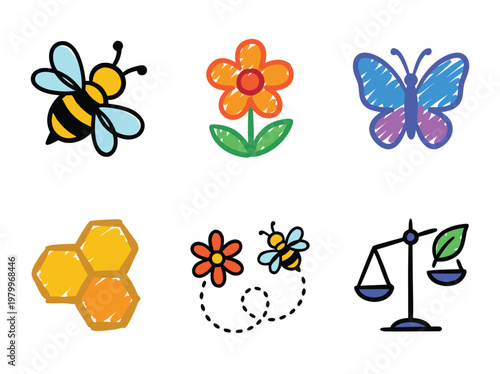 Set of cute hand drawn nature and ecology themed icons.
