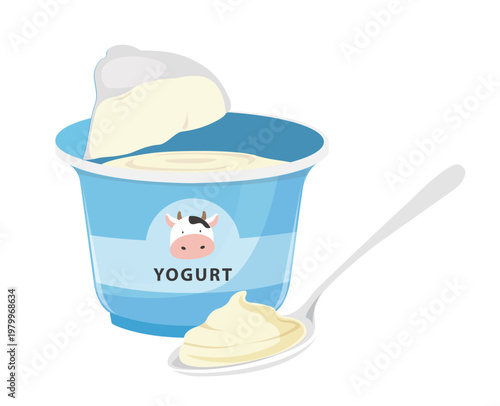 Plain Yogurt in Blue Cup with Spoon and Cow Logo Vector Illustration