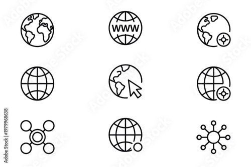 Collection of minimalist line art icons representing global networks