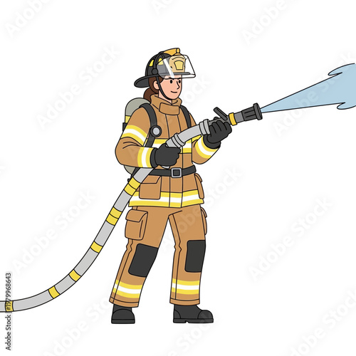 Female firefighter in uniform spraying water from a hose, isolated on white background