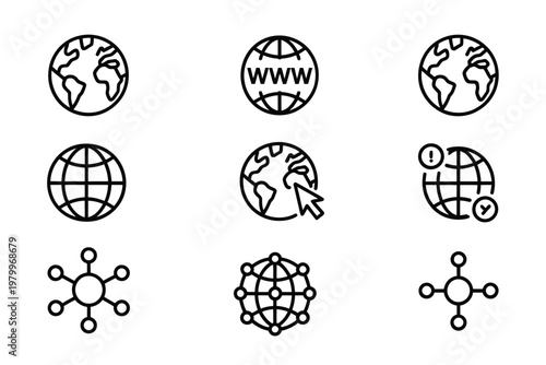 Set of black line icons representing global networks and connectivity