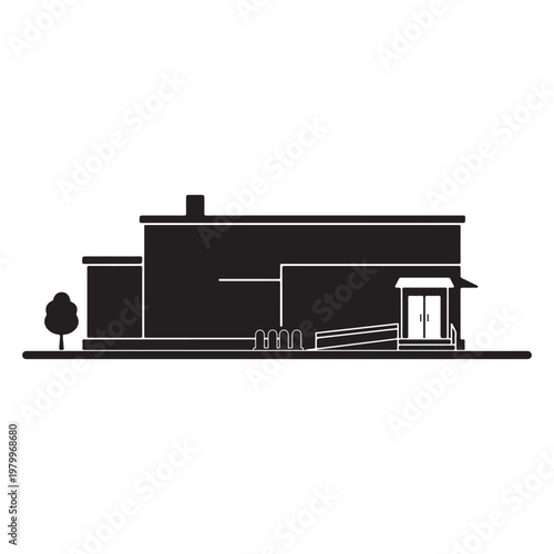 A minimalist black silhouette of a building with a small tree and ramp silhouette