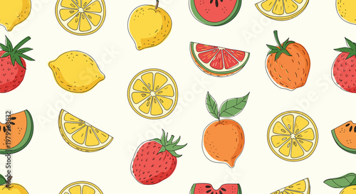 Delicious seamless pattern with whole fruits and slices like lemons, strawberries, melons, and oranges on a beige background.