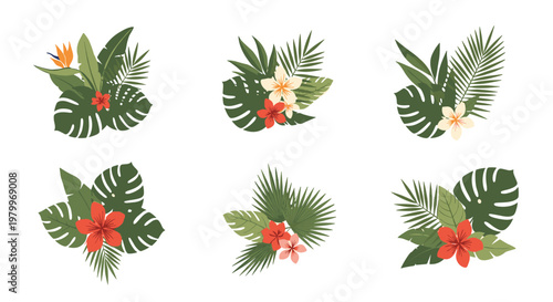 Tropical leaf and flower arrangements showcase vibrant hibiscus and plumeria flowers paired with exotic monstera and palm leaves.