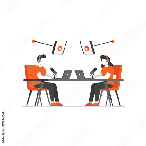 Two individuals engaged in a virtual meeting or podcast recording session