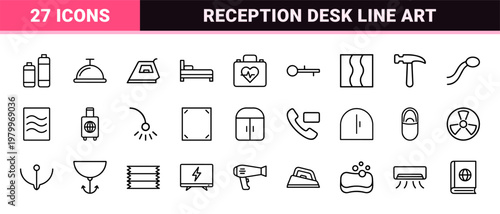 Hospitality and hotel reception service outline icon set