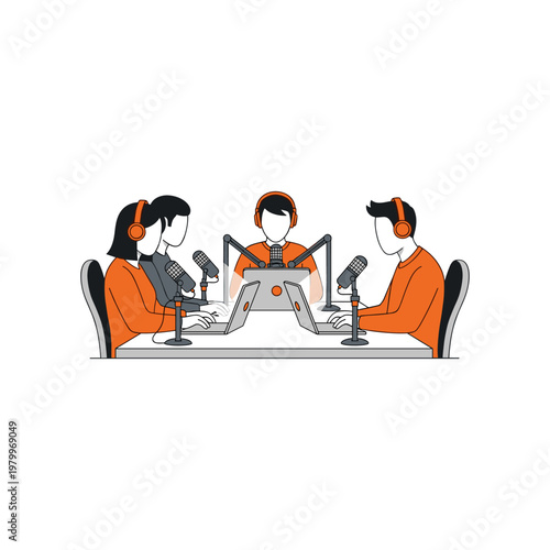 Three individuals participating in a collaborative podcast recording session