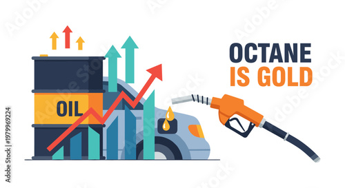 Rising oil price graph with gas pump nozzle in bold colorful illustration for finance news