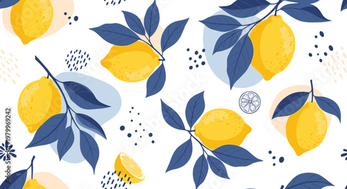 Fresh lemon pattern features bright yellow citrus fruit with deep blue leaves and abstract dots on a white background.