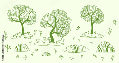 Hand-drawn vector linear illustration. A set of stylish trees, hummocks, bushes, and various plant species on a light background. Illustration for design and layout. Cute doodle style.