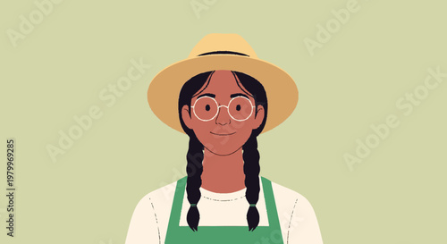 Woman with hat and glasses in front of green background vector illustration