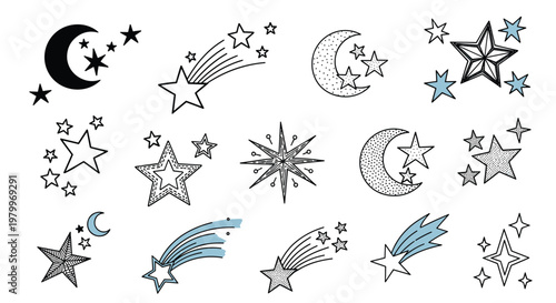 Collection of hand drawn stars and crescent moons showcases various styles like shooting stars and sparkling celestial bodies.