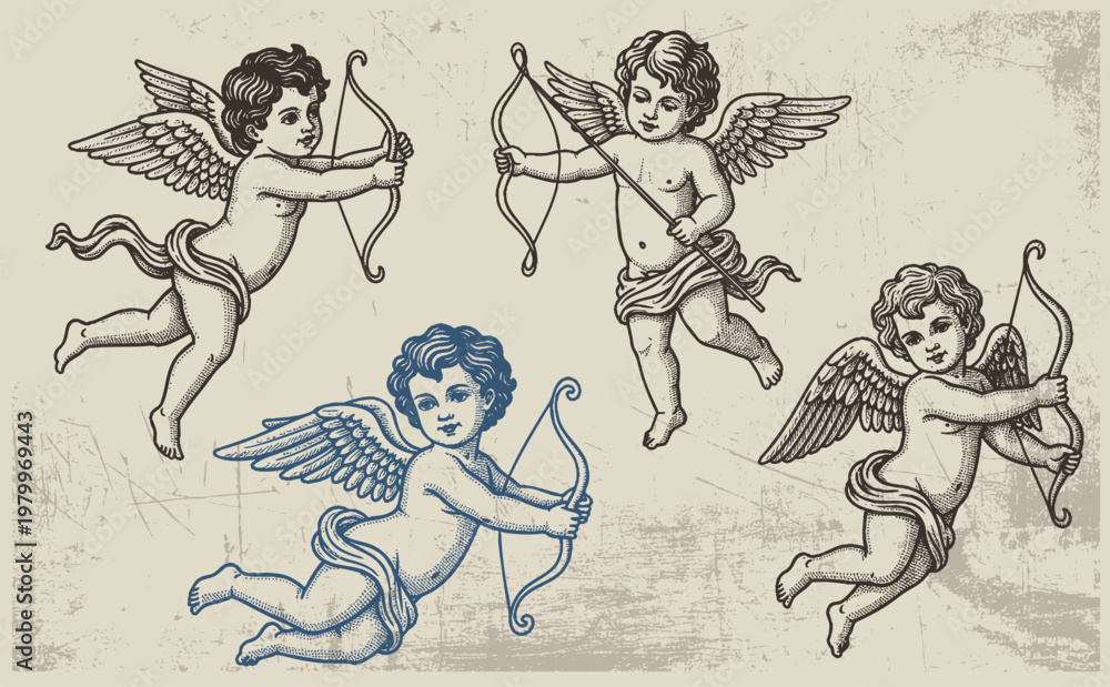 Fototapeta premium Set of different vintage cupid. Various flying angels with arrows and bow collection. Vector monochrome amur hand drawn illustration.