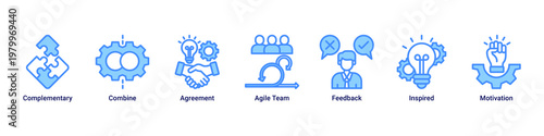 Team Collaboration devops banner with teamwork,feedback and communication icons for agile culture and team synergy